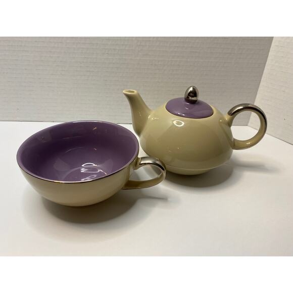 Porcelain Tea Mixed Colors Tan & Purple Glazed Teapot Teacup - Picture 6 of 8